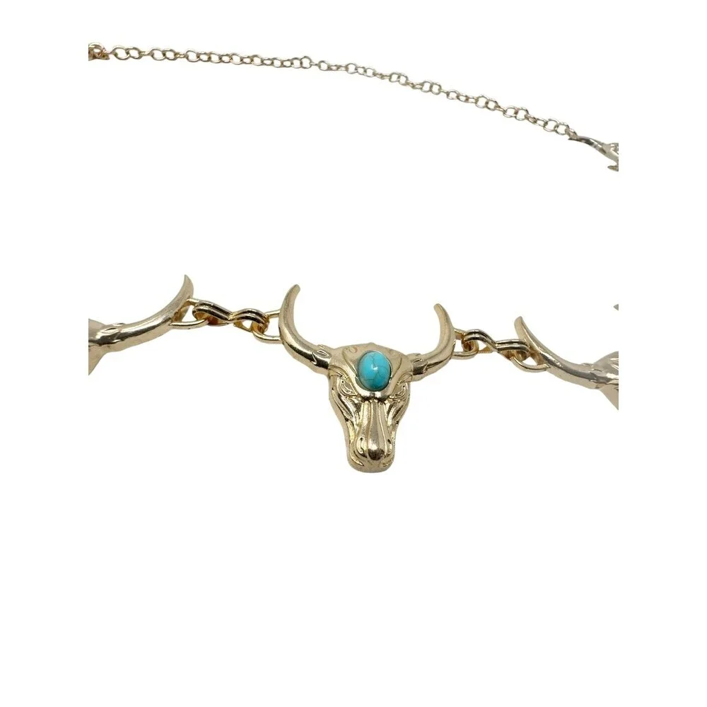 Y2K concho belt Gold Tone Longhorn Steer Faux Turquoise Cabochon womens